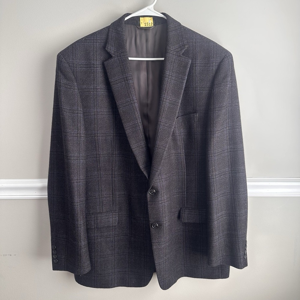 Lauren Ralph Lauren Mens 46L Wool Plaid Sport Coat Blazer Charcoal Grey Blue